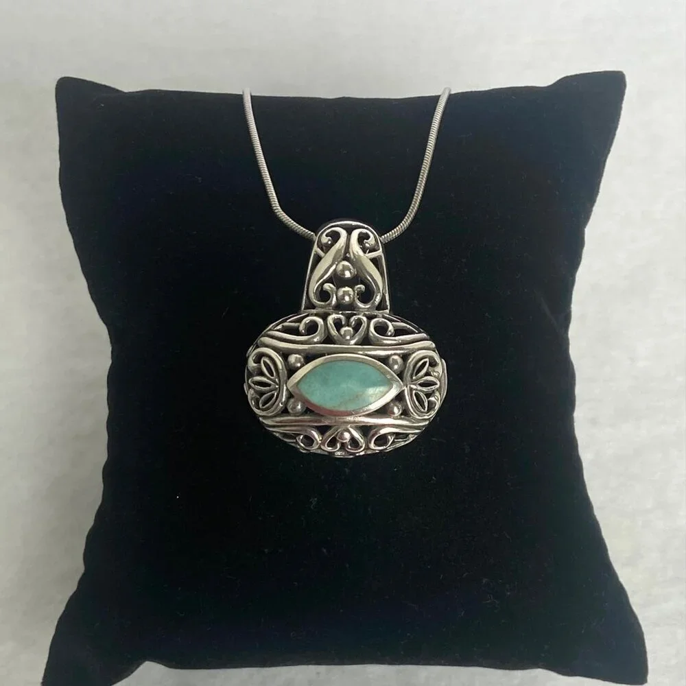 Sterling Silver 925 Chunky Bali Style Scrollwork Turquoise Pendant Necklace 18